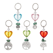 Tree of Life Alloy & Natural Green Aventurine Chips Pendant Keychain, with Acrylic Heart and Iron Split Key Rings, Mixed Color, 9.1~11.3cm(KEYC-JKC00594)