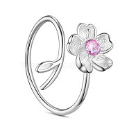 SHEGRACE 925 Sterling Silver Finger Ring, with Pink AAA Cubic Zirconia, Bud Flower and Leaves, Size 9, Platinum, 19mm(JR608A)