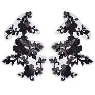 1 Pair 3D Flower Polyester Embroidery Sew on Appliques, with Plastic Paillette/Sequins, Sewing Craft Decoration for Wedding Dress, Cheongsam, Black, 295x195x0.1~1mm(PATC-GF0001-35A)