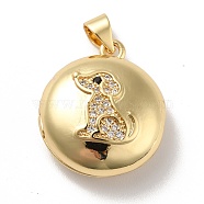 Rack Plating Brass Micro Pave Clear Cubic Zirconia Locket Pendants, Cadmium Free & Lead Free, Long-Lasting Plated, Flat Round with Dog Pattern, Real 18K Gold Plated, 21x18x8mm, Hole: 4x3.5mm, Inner Diameter: 16x13.5mm(KK-M227-10G)