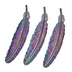 Alloy Big Pendants, Cadmium Free & Lead Free, Feather, Rainbow Color, 106x22x6.5mm, Hole: 6x4mm(PALLOY-N156-004-RS)