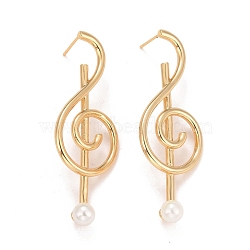Rack Plating Brass Musical Note Dangle Stud Earrings with Acrylic Pearl for Women, Cadmium Free & Nickel Free & Lead Free, Real 18K Gold Plated, 54.5x20.5x7.5mm, Pin: 0.8mm(EJEW-C022-21G)