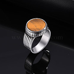304 Stainless Steel with Natural Tiger Eye Finger Rings for Men, Flat Round, Stainless Steel Color, US Size 10(19.8mm)(FS-WGE1297-04)