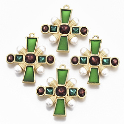 Alloy Enamel Big Pendants, with Glass Rhinestone and ABS Imitation Pearl, Cadmium Free & Nickel Free & Lead Free, Cross, Green, Real 14K Gold Plated, 65x57.5x10mm, Hole: 3.6mm(X-PALLOY-R113-031-NR)