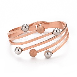 201 Stainless Steel Balls Open Cuff Bangle, Ion Plating(IP) 304 Stainless Steel Jewelry for Women, Rose Gold, Inner Diameter: 1-3/4x2-1/4 inch(4.6x5.8cm)(BJEW-G648-01RG)