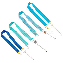 1 Set Nylon Elastic Ribbon Bookmark, Adjustable Alloy Lotus/Flower of Life/Anchor/Sun Link Bookmark with Chain Extender & Lobster Claw Clasp, Mixed Color, 370mm, 4pcs/set(AJEW-FG0002-52)