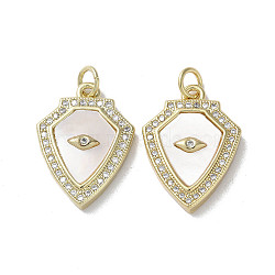 Brass Micro Pave Cubic Zirconia Pendants, with Shell, Shield, Real 18K Gold Plated, Eye, 20.5x15x3.5mm, Hole: 3mm(KK-G485-23B-G)