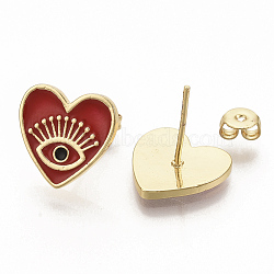 Brass Enamel Stud Earrings, with Earring Backs, Real 16K Gold Plated, Heart with Eye, Red, 13x13.5mm, Pin: 0.7mm(EJEW-S208-052A)