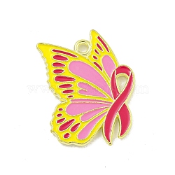 Alloy Enamel Pendants, Golden, Butterfly Charm, Pink, 26x19.5x1.5mm, Hole: 1.8mm(ENAM-Z015-02G-02)