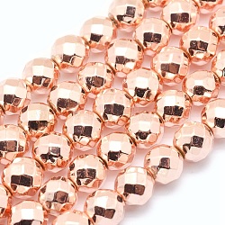 Electroplate Non-magnetic Synthetic Hematite Beads Strands, Grade AAA, Long-Lasting Plated, Faceted, Round, Rose Gold Plated, 6mm, Hole: 1mm, about 65pcs/strand, 15 inch(38cm)(G-L485-03D-LRG)