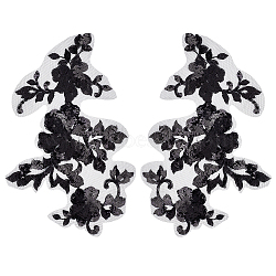 1 Pair 3D Flower Polyester Embroidery Sew on Appliques, with Plastic Paillette/Sequins, Sewing Craft Decoration for Wedding Dress, Cheongsam, Black, 295x195x0.1~1mm(PATC-GF0001-35A)