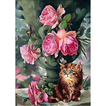 DIY Diamond Painting Canvas Kits For Kids, with Resin Rhinestones, Diamond Sticky Pen, Tray Plate and Glue Clay, Cat with Flower, Mixed Color, 40x30cm