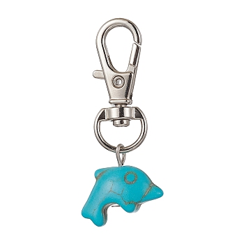 Dolphin Synthetic Turquoise Pendant Decorations, with Alloy Swivel Lobster Claw Clasps, Dark Turquoise, 45mm