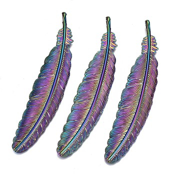 Alloy Big Pendants, Cadmium Free & Lead Free, Feather, Rainbow Color, 106x22x6.5mm, Hole: 6x4mm