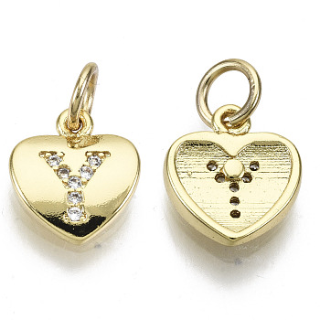 Brass Micro Pave Clear Cubic Zirconia Charms, with Jump Ring, Heart with Letter, Real 16K Gold Plated, Nickel Free, Letter.Y, 10x9x2mm, Jump Ring: 5x1mm, 3mm inner diameter