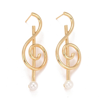 Rack Plating Brass Musical Note Dangle Stud Earrings with Acrylic Pearl for Women, Cadmium Free & Nickel Free & Lead Free, Real 18K Gold Plated, 54.5x20.5x7.5mm, Pin: 0.8mm