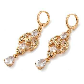 Rack Plating Golden Brass Dangle Leverback Earrings, with Cubic Zirconia, Flower, Clear, 52x14mm