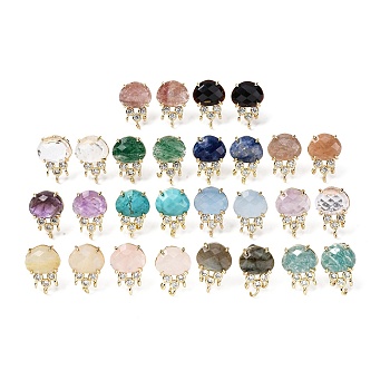 Brass Micro Pave Cubic Zirconia Stud Earring Findings with Natural Gemstone, Jellyfish, Facted, Rack Plating, 19.5x13mm, Hole: 1.8mm, Pin: 0.8x12.5mm