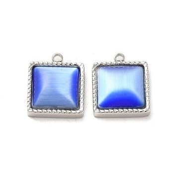 304 Stainless Steel Charms, with Cat Eye, Saqure Charms, Real 14K Gold Plated, Sky Blue, 14.5x12x5.3mm, Hole: 1.4mm