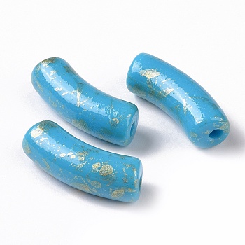Opaque Acrylic Beads, with Glitter Powder, Curved Tube, Deep Sky Blue, 34.5x13.5x11.5mm, Hole: 3.1mm