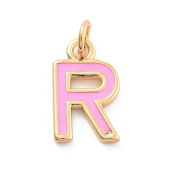 Rack Plating Brass Pendants, with Enamel and Jump Ring, Cadmium Free & Lead Free, Long-Lasting Plated, Real 18K Gold Plated, Letter, Letter R, 11.5x7x1mm, Hole: 2.5mm