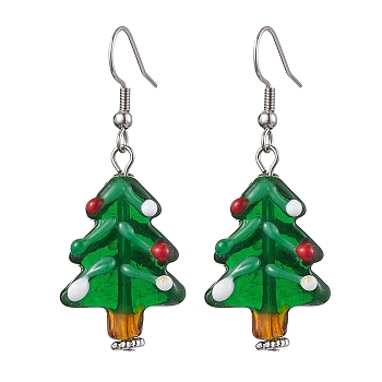 Christmas Theme Glass Dangle Earrings, with Brass Findings, Christmas Tree, 49~50x19~20mm