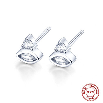 Cubic Zirconia Horse Eye Stud Earrings, Platinum Rhodium Plated 925 Sterling Silver Earrings, with 925 Stamp, Clear, 7x6.1mm