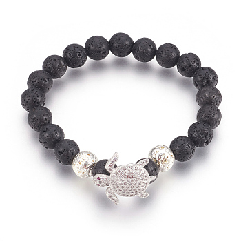 Stretch Bracelets, with Long-Lasting Plated Electroplated Natural Lava Rock, Natural Lava Rock and Brass Cubic Zirconia Beads, Tortoise, Platinum & Silver, 2-1/4 inch(5.6cm)