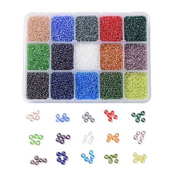 25000PCS 15 Colors 12/0 Grade A Round Glass Seed Beads, Transparent Colours Lustered, Mixed Color, 2x1.5mm, Hole: 0.3mm, 25g/color, about 25000pcs/box