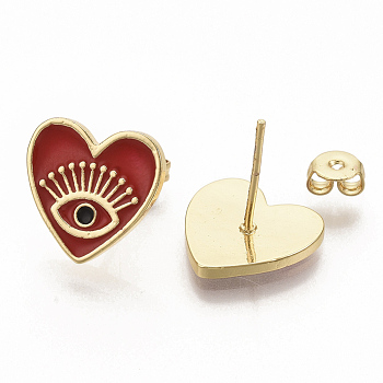 Brass Enamel Stud Earrings, with Earring Backs, Real 16K Gold Plated, Heart with Eye, Red, 13x13.5mm, Pin: 0.7mm