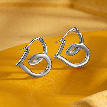 Stainless Steel Hoop Earring for Women, Heart, Stainless Steel Color, 25x22mm