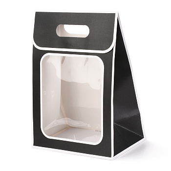 Rectangle Paper Bags, Flip Over Paper Bag, with Handle and Plastic Window, Black, 30x21.5x13cm