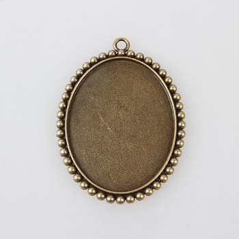 Vintage Tibetan Style Alloy Pendant Cabochon Bezel Settings, Cadmium Free & Nickel Free & Lead Free, Antique Bronze, Oval Tray: 35x45mm, 57x43x2.5mm, Hole: 3mm, about 85pcs/1000g