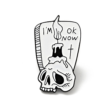 Skull with Candle Halloween Enamel Pin, Word I'm Ok Now Alloy Badge for Backpack Clothes, Electrophoresis Black, White, 29x17.5x1.5mm
