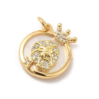 Brass Clear Cubic Zirconia with Shell Pendants, Flat Round Charms with Constellation Pattern, Golden, Leo, 18x17x4mm, Hole: 3mm