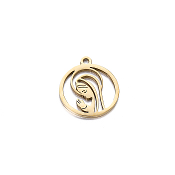 Long-Lasting Ion Plating(IP) 304 Stainless Steel Pendants, Ring with Virgin Mary Charm, Real 18K Gold Plated, 17x15mm