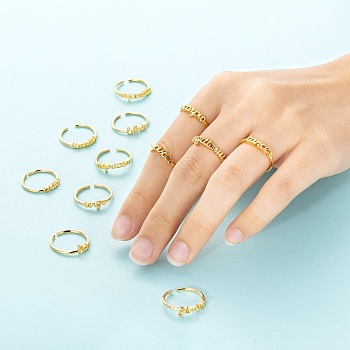 12Pcs 12 Style Brass Cuff Rings, Open Rings, Constellation Word, Real 18K Gold Plated, US Size 7 1/4(17.5mm), 1pc/style