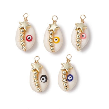 Copper Wired Natural Cowrie Shell Pendants, with Electroplate Non-magnetic Synthetic Hematite Beads, Shell Shape Evil Eye Charms, Golden, Mixed Color, 26.5x13.5x12mm, Hole: 2.5mm