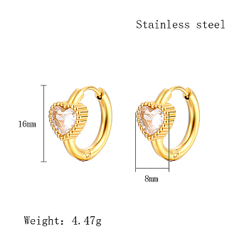 Cubic Zirconia Hoop Earrings, Real 18K Gold Plated 304 Stainless Steel Earrings, Heart, 16x8mm
