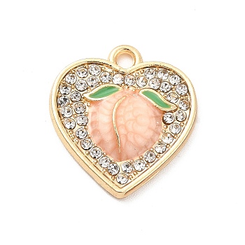 Alloy Enamel Pendants, with Rhinestone, Heart with Peach Charm, Golden, 17.5x16x3.3mm, Hole: 1.8mm