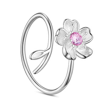 SHEGRACE Rhodium Plated 925 Sterling Silver Finger Ring, with Pink AAA Cubic Zirconia, Bud Flower and Leaves, Size 9, Platinum, 19mm