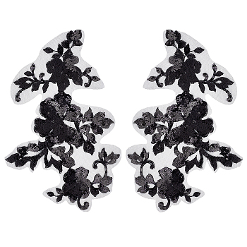 1 Pair 3D Flower Polyester Embroidery Sew on Appliques, with Plastic Paillette/Sequins, Sewing Craft Decoration for Wedding Dress, Cheongsam, Black, 295x195x0.1~1mm