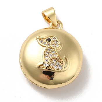 Rack Plating Brass Micro Pave Clear Cubic Zirconia Locket Pendants, Cadmium Free & Lead Free, Long-Lasting Plated, Flat Round with Dog Pattern, Real 18K Gold Plated, 21x18x8mm, Hole: 4x3.5mm, Inner Diameter: 16x13.5mm