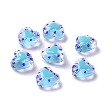 Glass Heart Beads, with Enamel, Bead in Bead, Light Sky Blue, 12x11.5~12.5x6.5~7mm, Hole: 0.8~1mm