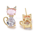 Cat Shape Brass Micro Pave Cubic Zirconia Stud Earrings for Women, with Glass, Long-Lasting Plated, Cadmium Free & Lead Free, Real 18K Gold Plated, 18x11mm(EJEW-E310-03G)