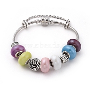 Brass European Bracelets, with Handmade Porcelain Rondelle Beads and Tibetan Style Alloy Beads, Flower and Column, Colorful, 7-1/2 inch(19cm)(BJEW-JB04791)