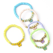 Polymer Clay Disc & Glass Beaded Stretch Bracelet, with Alloy Enamel Butterfly Charms, Mixed Color, Inner Diameter: 2 inch(5.05cm)(BJEW-JB09649)