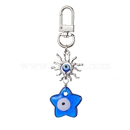 Evil Eye Lampwork Pendant Decorations, Alloy Sun & Swivel Clasps Charms for Bag Ornaments, Star, 80mm, pendant: 55x26x6mm(HJEW-JM01997-04)