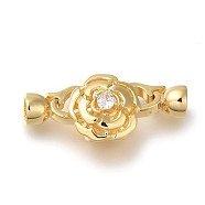 Brass Micro Pave Clear Cubic Zirconia Fold Over Clasps, Flower, Real 18K Gold Plated, 30mm(KK-H480-32G)