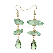 Dyed Natural Quartz Crystal Nugget & Teardrop Dangel Earrings, Real 18K Gold Plated Brass Long Drop Earrings, Light Green, 66~70x20~25mm(EJEW-TA00314-02)
